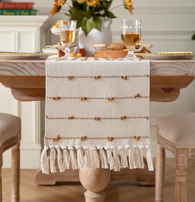 Caflife Boho Table Runner 108 Inchs Long for Modern Farmhouse Room Home Decor, Brown and Beige Coffee Table Runner, Natural Cotton Woven with Tassels Neutral, for Kitchen Dining Table Decor