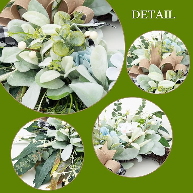 Front Door Wreaths for All Seasons Outdoor Indoor, 20'' Green Artificial Half Moon Wreath with Lambs Ear Eucalyptus Bow, Spring Summer Farmhous Porch Decor
