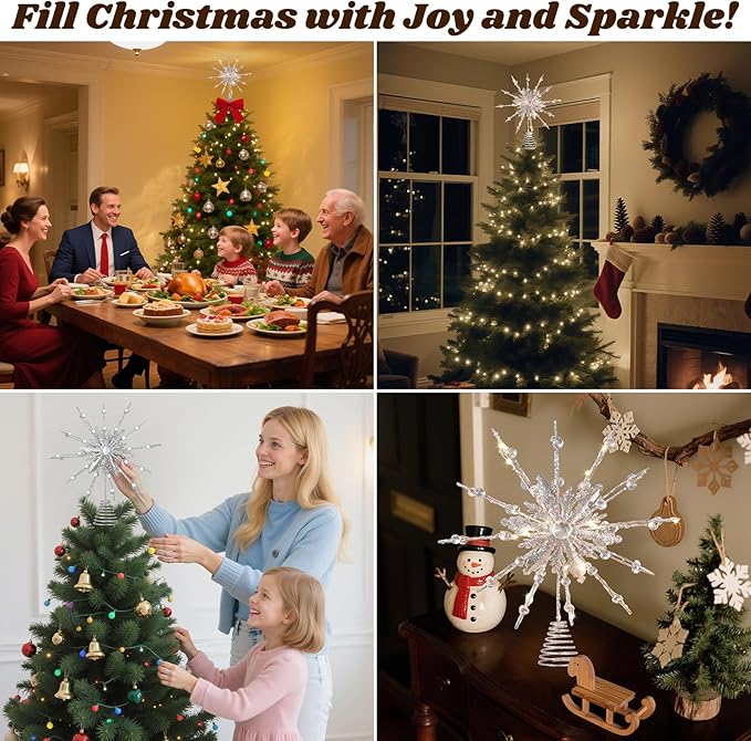 Lewondr Christmas Tree Topper, 12.2'' Metal Xmas Star Tree Topper with 20 LED Bulbs, USB Powered Glittered 12-Pointed Treetop for Christmas Ornaments, Remote Control, 6H Timer, 8 Light Modes, Silver