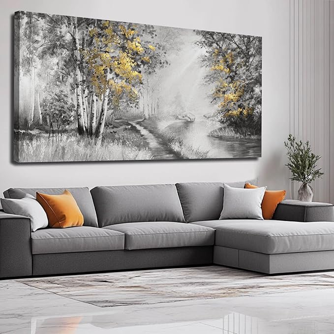 SOUGUAN Wall Art for Bedroom Forest Canvas Art Hand Painted Artwork Gold Plant Pictures for Living Room Office Home Decoration 30x60 Inch