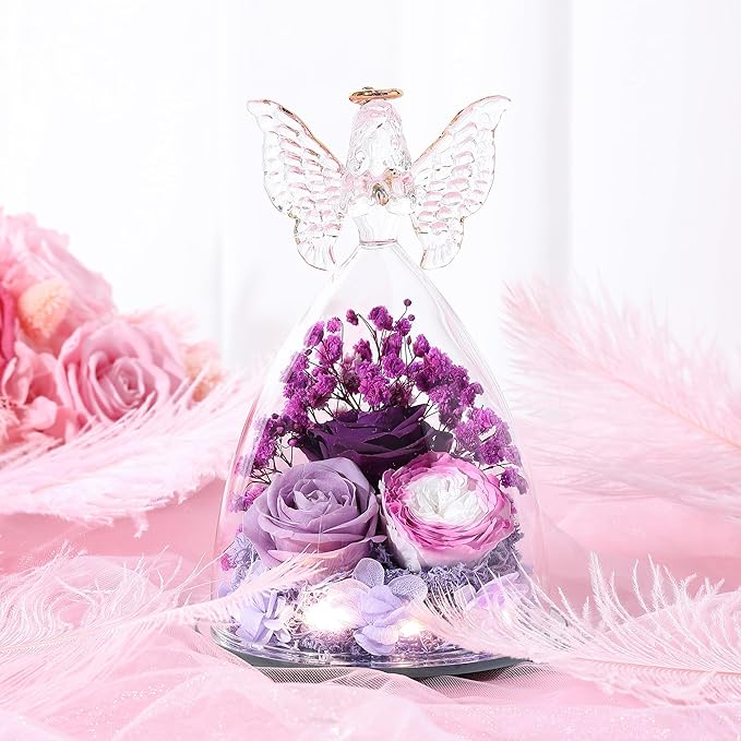 Christmas Rose Gifts for Women Preserved Real Flower in Glass Angel Figurines Roses for Delivery Prime Birthday Gifts for Mom Grandma Girlfriend Wife Her, Colorful Purple