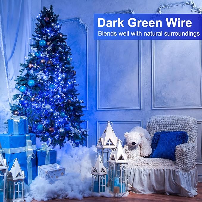 Christmas Lights Outdoor, 66FT 200 LED Christmas String Lights with 8 Modes Waterproof, Connectable Green Wire Twinkle Light for Tree Patio Garden Party Holiday Decorations, Blue