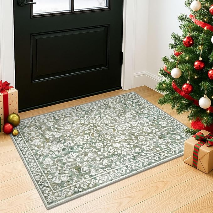 Vintage Entryway Rug Indoor, Sage Green Beige Washable Rug 2x3, Small Area Rug with Non-Slip Backing, Floral Print, Thin Faux Wool Super Soft Door Mat for Kitchen, Entrance, Bedroom, Office