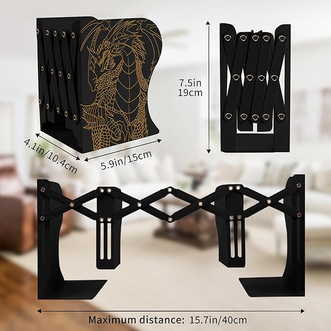 Dragon Bookends, Adjustable Bookends, Unique Book Holders for Shelves, Metal Book Ends for Heavy Books, Non-Skid Book Stander for Desk, Shelf, Office, Stationery Gift (Black)