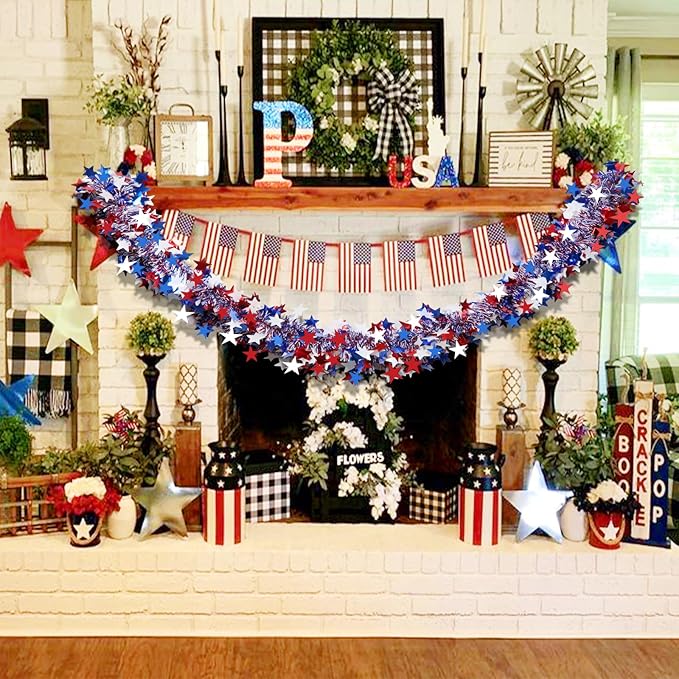 4th of July Garland Decorations,50Ft Glitter Tinsel Patriotic Decor for Tree Car Golf Cart Parade Float Bike Party Table Yard Door Boat Indoor Outdoor Holiday Home