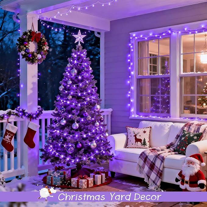 JMEXSUSS 2 Pack 100 LED Purple Christmas Lights Indoor, 33ft Clear Wire Purple String Lights Outdoor Waterproof, 8 Modes Connectable Christmas Tree Lights for Xmas Tree Yard Bedroom Porch Decorations