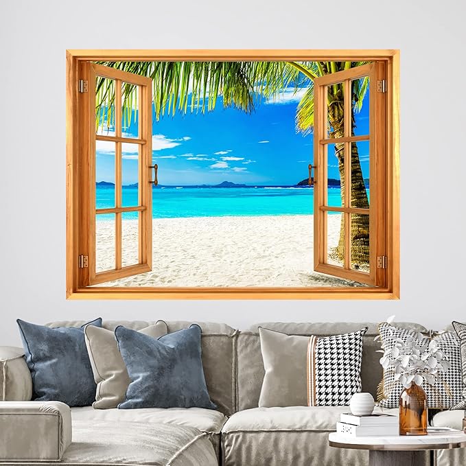 wall26 Removable Wall Sticker/Wall Mural Window View Tropical Palm Tree Beach Shore Paradise Wilderness Nature Photography Realism Rustic Landscape Colorful for Living Room, Bedroom, Office - 24"x32"
