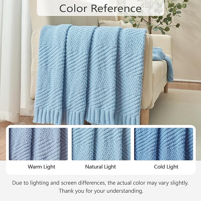 Knitted Throw Blanket 60"X80", Light Blue Knit Throws for Bed, Super Soft Boho Chevron Blankets for Couch Sofa Chair Room Decor, Textured Decorative Farmhouse Cozy Lightweight