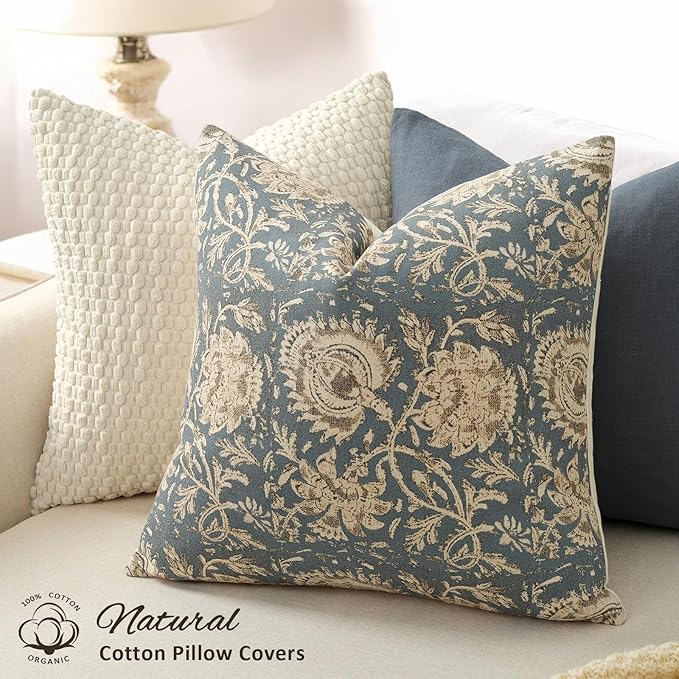 Vintage Floral Print Throw Pillow Covers 20x20 Set of 2 Neutral Modern Farmhouse Pillowcase Accent Decorative Cushion Covers Boho Home Decor for Couch Sofa Chair Bed Living Room, Dusty Blue