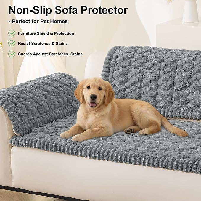 Smiry Pet Couch Cover for 3 Cushion Sofa, Non-Slip Fuzzy Couch Cover for Dogs Washable, Thick Soft Sofa Slipcovers Cushion Protector Pet Friendly (Grey, 27.6" x 88")
