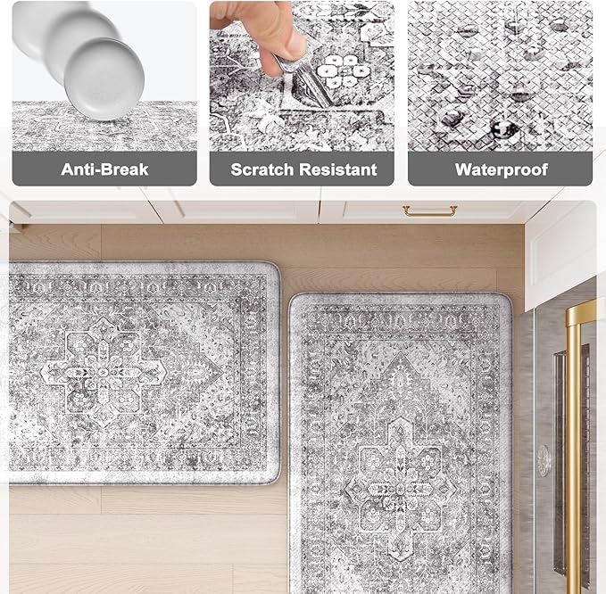 KIMODE Anti Fatigue Cushioned Kitchen Mats for Floor 2 Piece, Boho Vintage Kitchen Rugs Non Skid, Comfort Memory Foam Standing Desk Mats for Laundry Office Sink 20"x59"+20"x32" Grey