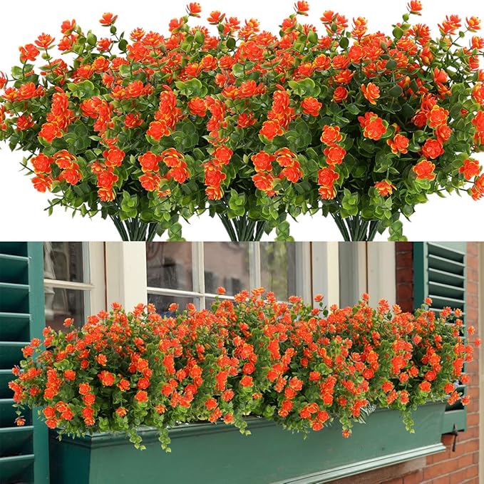 6 Bundles Artificial Flowers, Fake Artificial Greenery UV Resistant No Fade Faux Plastic Plants for Wedding Bridle Bouquet Indoor Outdoor Home Garden Kitchen Office Table Vase (Orange Red)