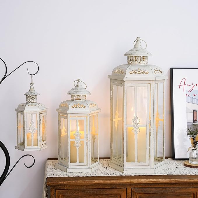 JHY DESIGN Set of 3 Decorative Candle Lanterns 20''&14"&10" H Outdoor Candle Lanterns Vintage Metal Cand leholder for Indoor Outdoor, Events, Parities and Weddings(White with Gold Brush)