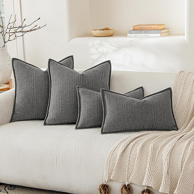 a moment Linen Pillow Covers Set of 2,Boho Farmhouse Throw Pillowcases Neutral Textured Decorative Covers for Couch Sofa,Soft Linen Blend Accent Case Cushion Living Room Home Decor 22"x22"Rustic Gray