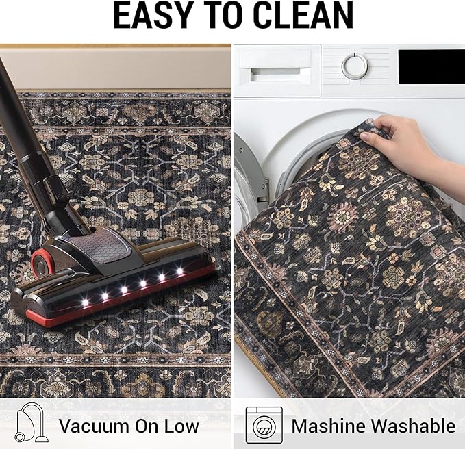 KUTA Vintage Floral Entryway Rug 2x3, Kitchen Rugs Non-Slip Washable Throw Rug, Brown Ultra Thin Soft Print Front Door Mat Indoor Doormat for Entrance, Bedside, or Small Spaces