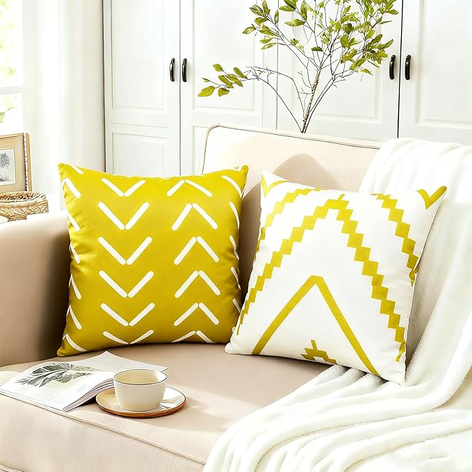 Decorative Throw Pillow Covers 18x18 inch Set of 4 Yellow Pillow Covers for Couch Sofa Bed Living Room,Farmhouse Outdoor Throw Pillow Cover,Modern Geometric Linen Square Throw Pillow Cases