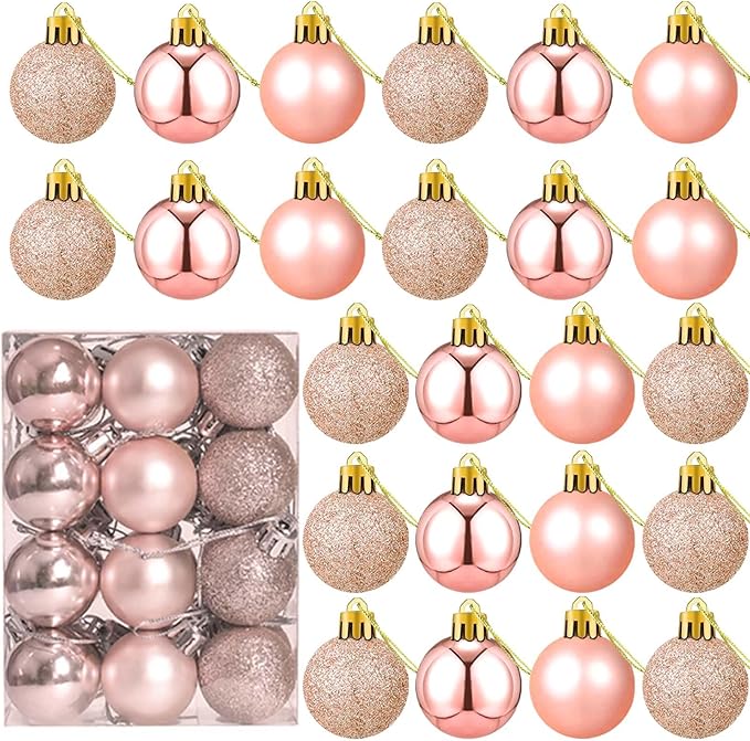 24 Count Small Rose Gold Christmas Ornaments Balls, Mini Ornaments for Mini Christmas Tree, Small Shatterproof Valentine Tree Decorative Hanging Bulbs Ball for Xmas Outdoor Party Decorations, 1.2 inch