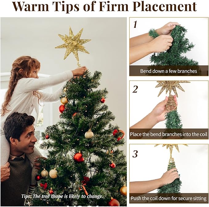 Lewondr Christmas Tree Topper, Plug in 3D Starburst Xmas Lighted Star Tree Topper, Remote Control & Timer Light Up Vintage Moravian Tree Topper for Christmas Decoraiton, Warm Light, Champagne Gold