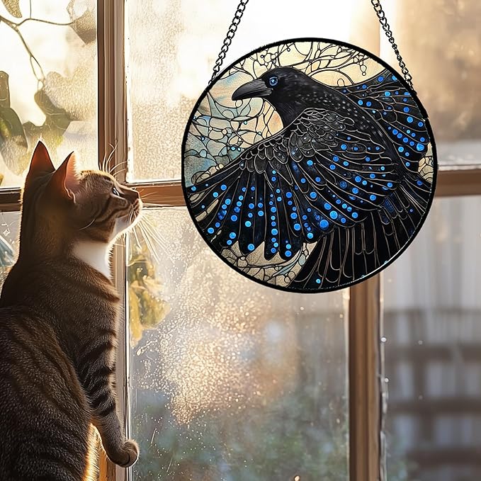 Stained Glass Window Hanging - Black Crow Big Wings Suncatcher for Doors Garden Patio Bird Sun Catchers Decor Christmas Mother's Day Birthday Gifts for Women Men Mom Nana Friend 11.8 in