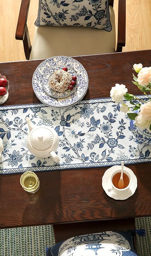 bilingaier Decorative Linen Table Runner 102 Inches Long,Chinoiserie Blue Floral Cloth Runner for Coffee Table Decor Tabletop Table Runners for Kitchen,Dining,Party,Home,Christmas,12"*102"
