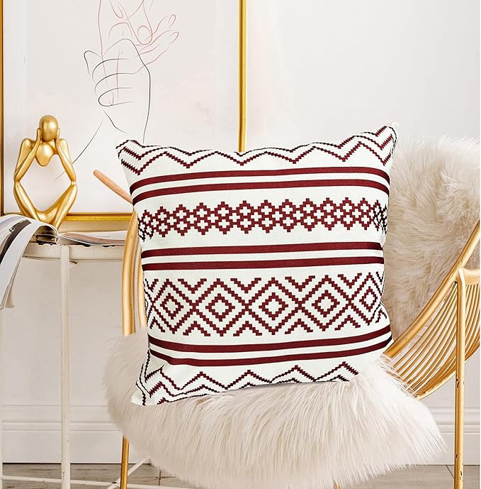 Decorative Throw Pillow Covers Set of 2 Wine Red Boho Pillow Covers 16x16 Inch Throw Pillow Cover Linen Pillowcase Modern Farmhouse Outdoor Pillow Covers for Couch Sofa Bed Living Room