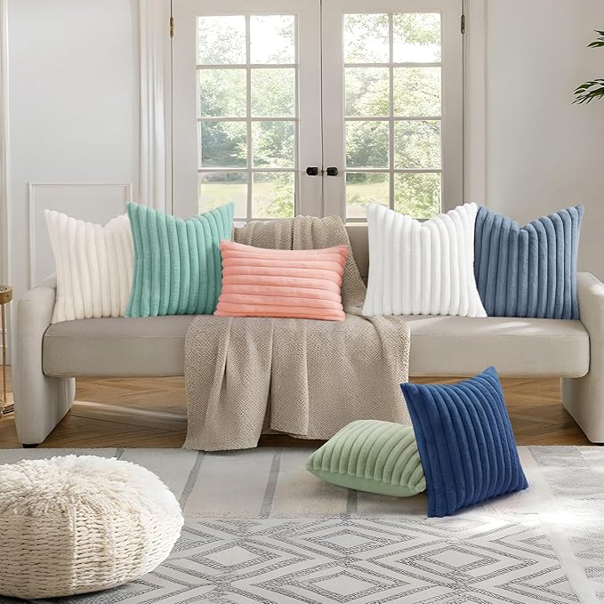 decorUhome Faux Fur Christmas Throw Pillow Covers 22x22 Set of 2, Decorative Soft Plush Striped Neutral Couch Euro Pillow Covers with Velvet Back for Sofa, Bed, Living Room Home Decor, Aqua
