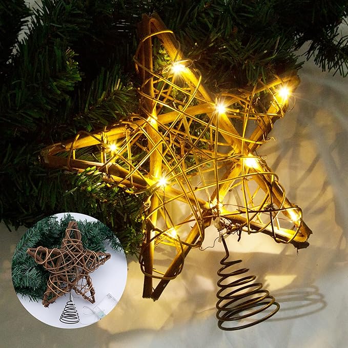 LAWOHO Christmas Tree Topper Star, 10-inch Rustic Brown Rattan Natural with 10 Warm White Lights Three Functions with Timer, Seasonal Decoration for Festive Christmas Home Indoor Ornament