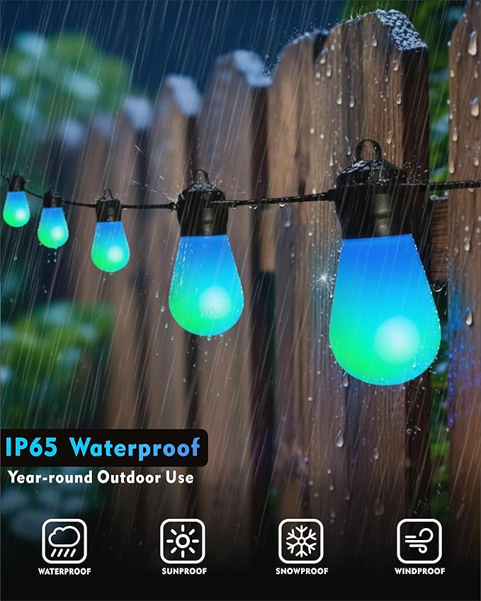 Honche Outdoor String Lights S14, 46FT Patio Lights with 20 Shatterproof LED Bulbs, APP & Remote Control, 213 Scene Modes, USB Powered, IP67 Waterproof for Garden, Wedding, Party, Camping