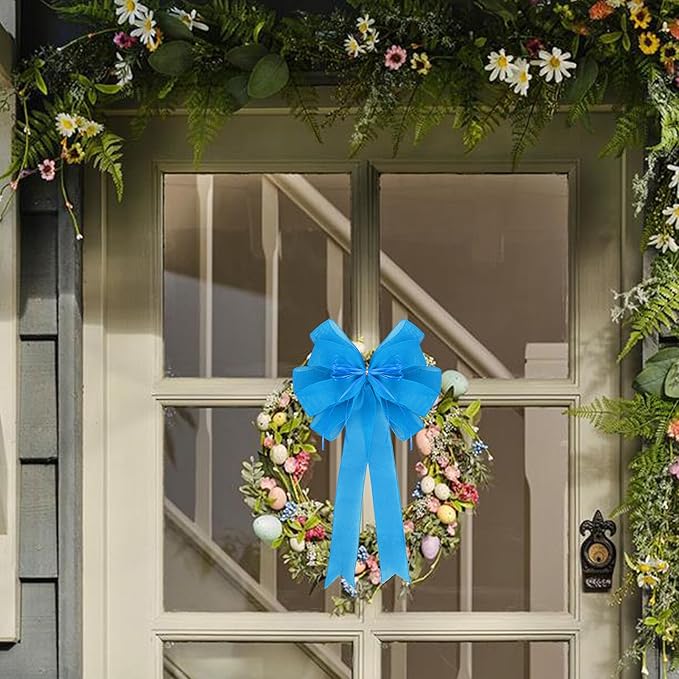 2 Pack Blue Christmas Tree Bows 12x20inch Large Burlap Wreath Bow with Glitter String for Christmas Tree Topper,Home Front Door Decor,Easter Bow,Valentines and Party Decor
