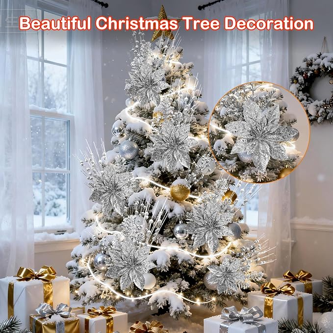 18 Pack Christmas Tree Ornaments Set, 17.5 Inch Silver Fake Christmas Picks Decorations with 2 Styles, Artificial Glitter Berry Stem Ornaments for Christmas Tree Wedding Small Vase Wreath Decor