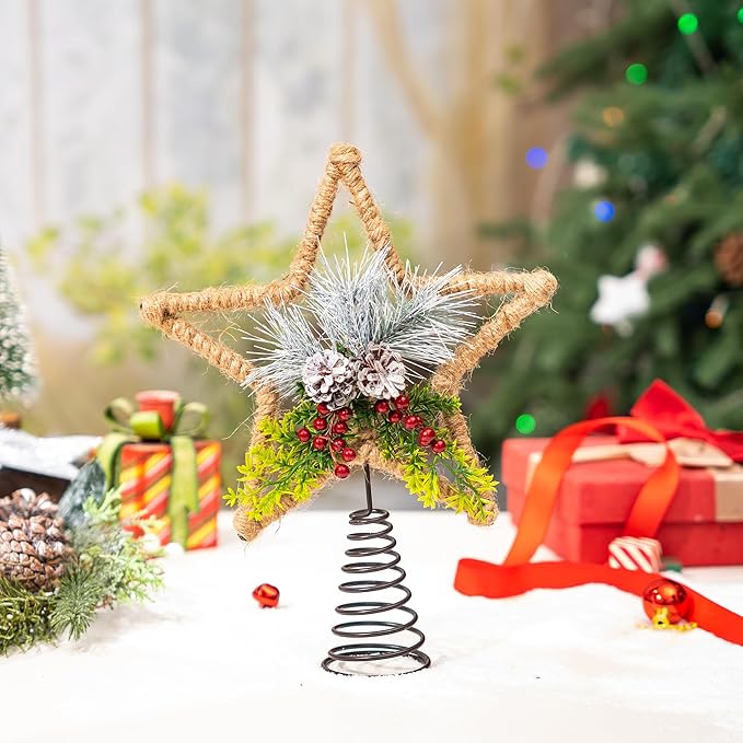 DUSVALLY Christmas Tree Topper - Metal Decoration with Holly Berry for Christmas Tree Top, Xmas Tree Topper Hat with Pine Cone & Holly Decor, Gift for Home & Office, 11" H
