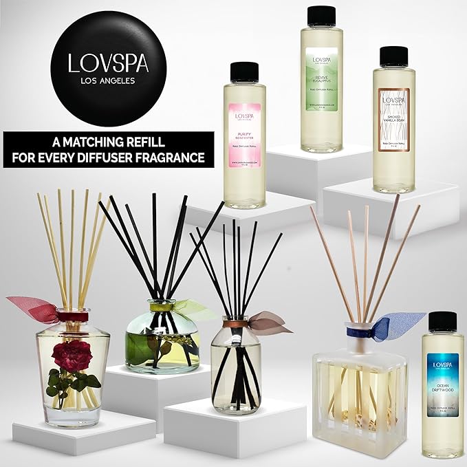 LOVSPA Reed Diffuser Set, DE-Stress Lavender Eucalyptus Scented Oil Diffuser with Sticks, Home Fragrance Accessories for Bathroom Shelf Decor, Aroma Diffusers for Home or Office Desk, USA Made