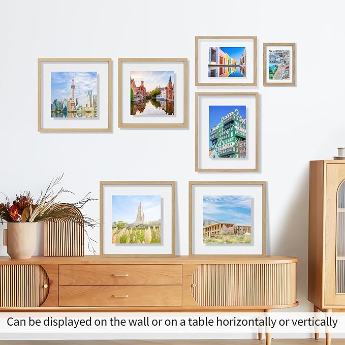 12x12 Floating Picture Frame Set of 2, Double Glass Photo Frame Wooden Frame for Wall Mount or Tabletop Displays for 8x10, 10x10 inch Pictures, Plane Edge Frames, Natural