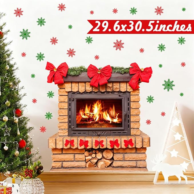 Large Christmas Wall Stickers Christmas Wall Decoration Vinyl Decals Realistic Bow Fireplace Decal for Walls Peel and Stick Indoor Snowflakes Xmas Art Murals for Living Room Holiday Party Supplies