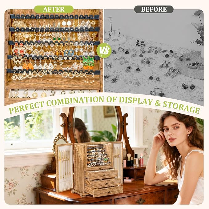 Jewelry Box Organizer, Rustic Wooden Jewelry Boxes for Women Girls, Large Storage Earring Holder Organizer Display for Earrings Necklaces Rings Bracelets, Jewelry Case as Gifts for Her