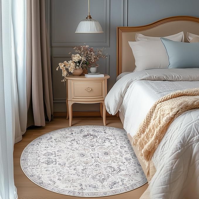 jinchan Kalen Round Rug 5ft Area Rug Washable Vintage Indoor Retro Entryway Floor Cover Distressed Gray Floral 5' Round Circle Boho Non Slip Thin Carpet for Bedroom Living Room Dining Room Grey