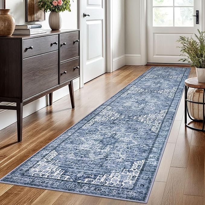 2x10 Washable Rug for Entrance, Blue Soft Printed Area Rug, Non-Slip Kitchen Rugs, Low-Pile Medallion Indoor Door Mat, Small Farmhouse Carpet for Entryway Kitchen Foyer Bedside