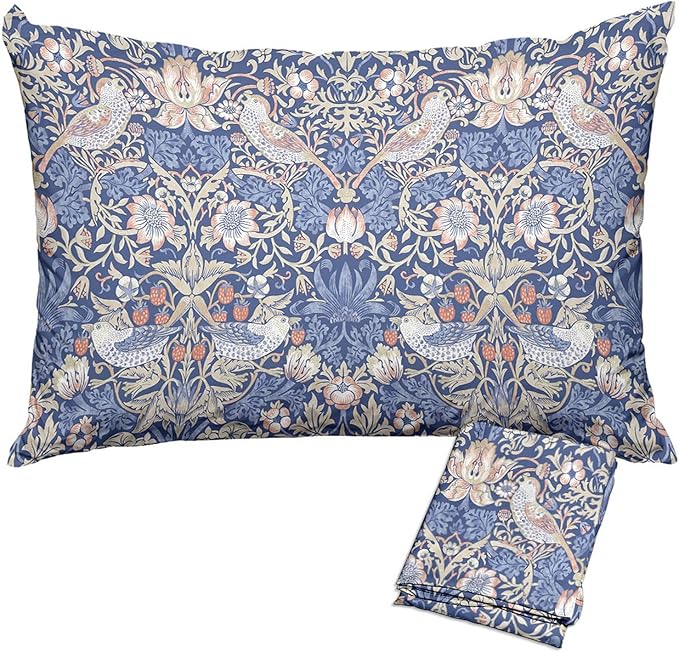 William Morris Pillow Covers 18x18 Inch Vintage Strawberry Birds Print Pillow Protectors with Zipper Standard Size Floral Botanical Pillowcases Mid Century Blue Bed Pillow Covers Set of 2