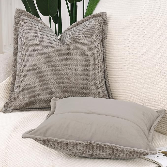 MADIZZ Chenille Velvet Throw Pillow Covers with Flange Set of 2 Super Soft Boho Textured Pillow Covers Decorative Throw Pillowcases Modern Farmhouse Home Decor for Sofa Bedroom Taupe 16x16 Inch