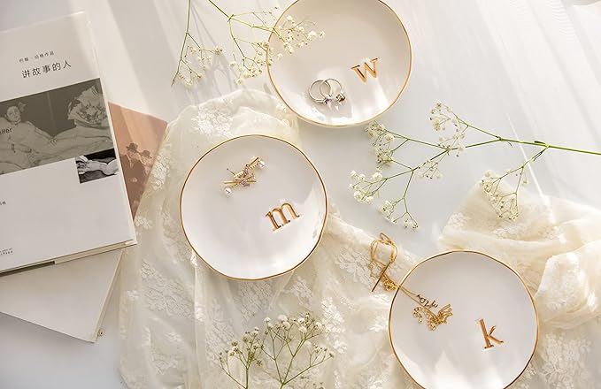 COLLECTIVE HOME - Ceramic Jewelry Tray, Decorative Trinket Dish for Rings Earrings Necklaces Bracelet Watch Keys, Birthday Mother's Day Christmas Gift for Women, 4.75", White Surface (K)
