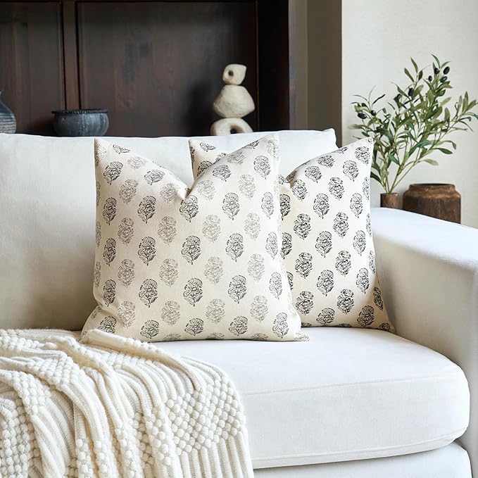 Floral Vintage Throw Pillow Covers 18x18 Pillow Cover Block Print Decorative Cushion Covers Farmhouse Neutral Accent Home Décor for Sofa Couch Living Room Bedroom, 1PC, Light Taupe