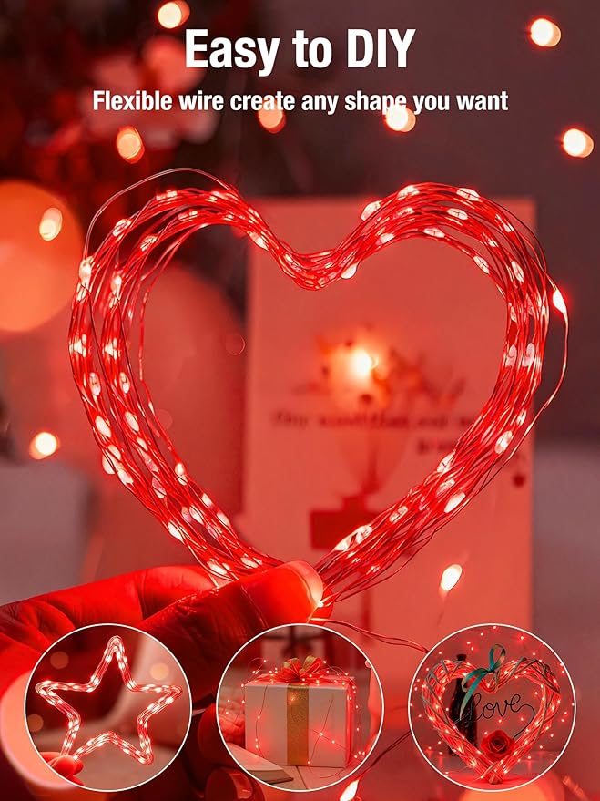 btfarm Fairy Lights Battery Operated with Timer 8 Modes, 16.4 FT 50 LED Silver Wire Twinkle String Lights Battery Powered Dimmable Waterproof for Indoor Home Party Wedding Christmas Decor, Red