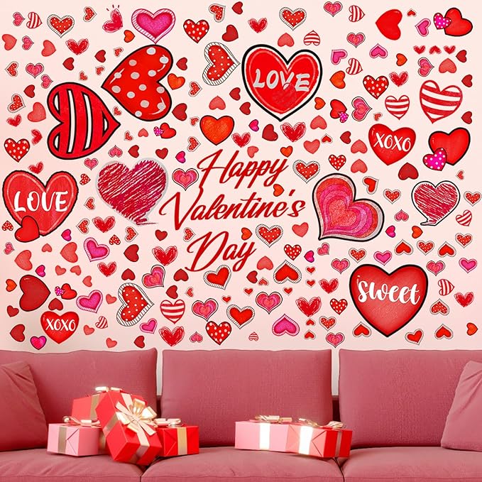 Eersida 214 Pcs Valentine‘s Day Wall Decals Removable Love Heart Wall Stickers Red Heart Window Stickers Wedding Anniversary Romantic Love Decoration for Holiday Kitchen Living Room Home Decor