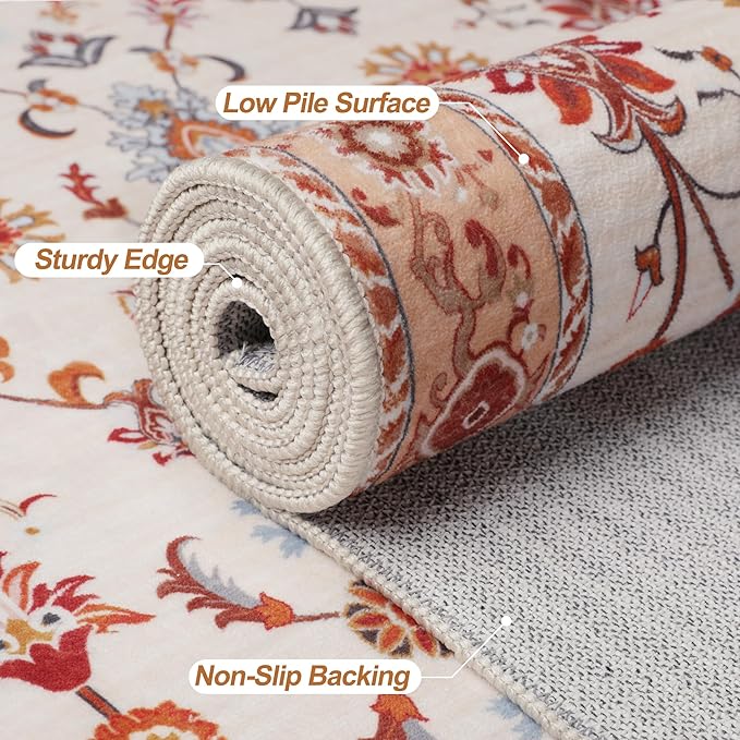 Tangsoo Washable Runner Rug for Hallway Non Slip, 2.6x8 Boho Floral Vintage Carpet Runner Rugs for Entryway, Floor Low Pile Runners for Kitchen Bathroom Laundry Bedroom Alfombra Orange Farmhouse