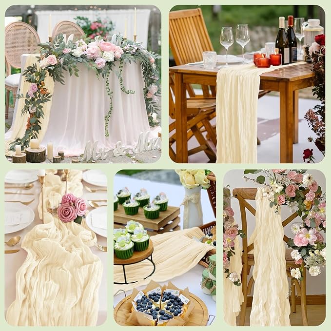 3PCS Table Runner Cheesecloth 10FT Beige Boho Gauze Cheese Cloth Rustic Sheer Table Runners for Wedding Bridal Baby Shower Party Decoration