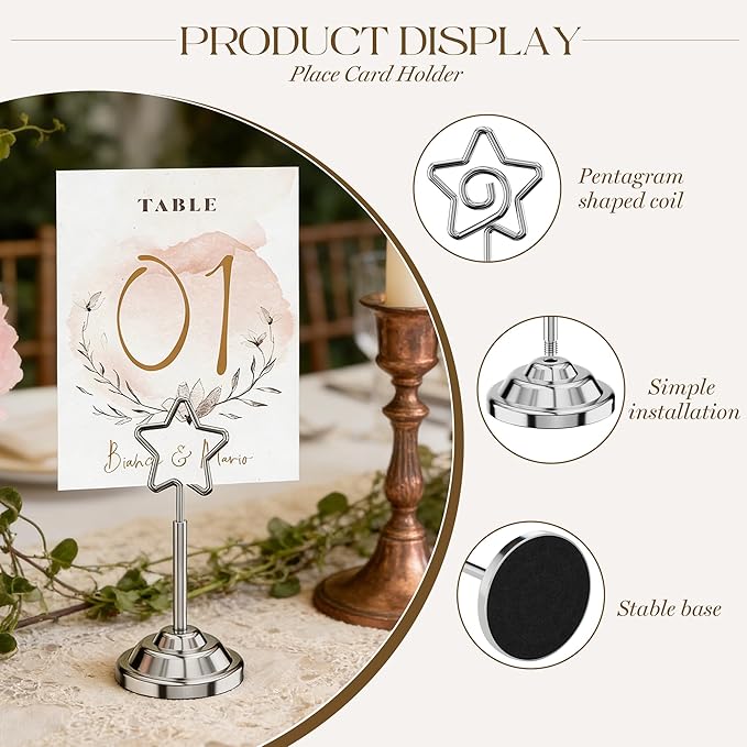 Urban Deco 16 Pieces Table Card Holder Place Card Holders 4 inches Steel Card Holders for Photos, Food Signs, Memo Notes, Weddings, Restaurants, Birthdays (Silver Pentagram)