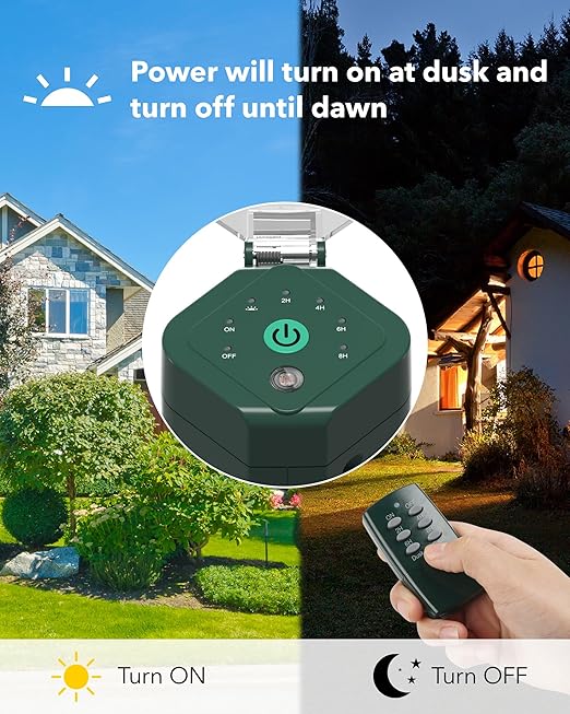 HBN Outdoor Power Strip Timer with Photocell Remote Control,Yard Stake Countdown (2,4,6,8 Hour),Weatherproof Outside Timer Dusk to Dawn for Halloween/Christmas Lights,6 Outlets,6ft Cord