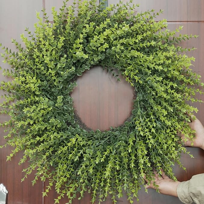 28In Large Boxwoods Door Wreaths for Front Door Spring Summer Outside All Season Green Year Round Artificial Greenery Wreath for Wall Window Rustic Farmhouse Home Outdoor Indoor Decorations