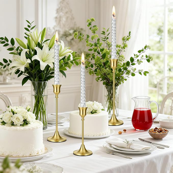 Mellotesy Taper Candle Holders Set of 3 - Tall Vintage Brass Gold Candlesticks for Dining Table, Wedding Centerpiece, and Mantel Decor
