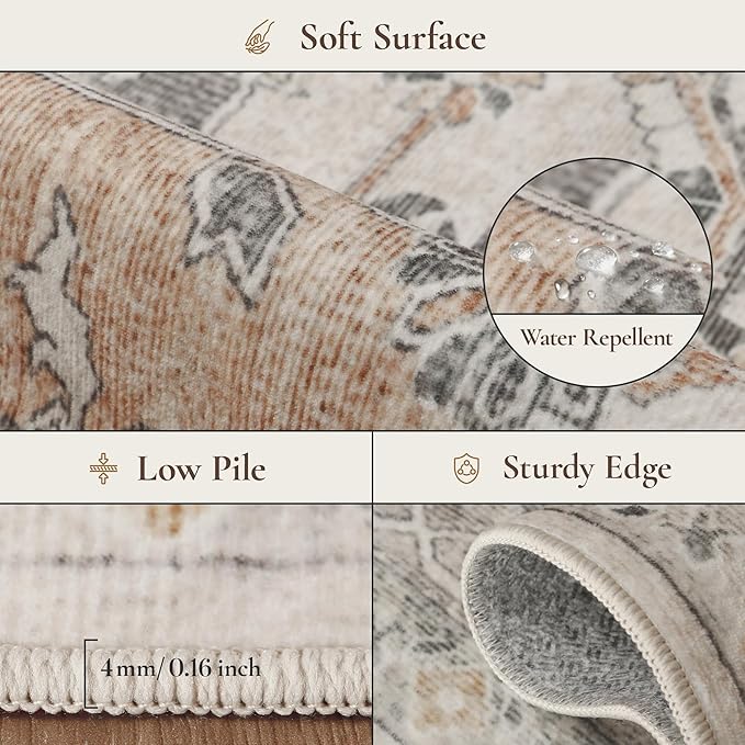 GENIMO 6x9 Area Rugs for Living Room, Machine Washable Non Slip Vintage Rugs, Low Pile Lightweight Chenille Print Rug for Bedroom, Dining Room, Home Office